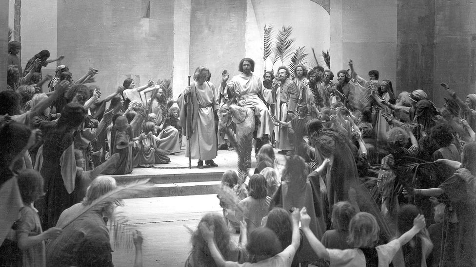 The play covers all the major beats in the story of Jesus including, in this scene from the 1934 300th anniversary production, his entry into Jerusalem (Credit: Alamy)