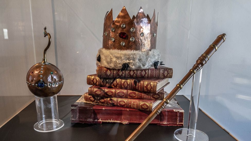 Richard Booth's Crown Jewels are on display at Hay Castle, along with the Independence Flag and other Kingdom of Hay memorabilia (Credit: Richard Collett)
