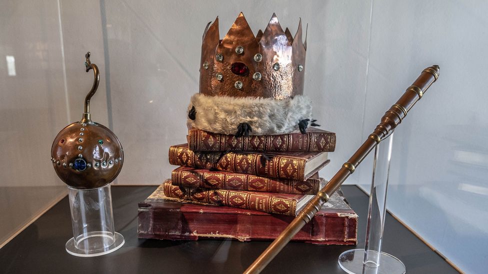 Richard Booth's crown jewels are on display at Hay Castle, along with the independence flag and other Kingdom of Hay memorabilia (Credit: Richard Collett)