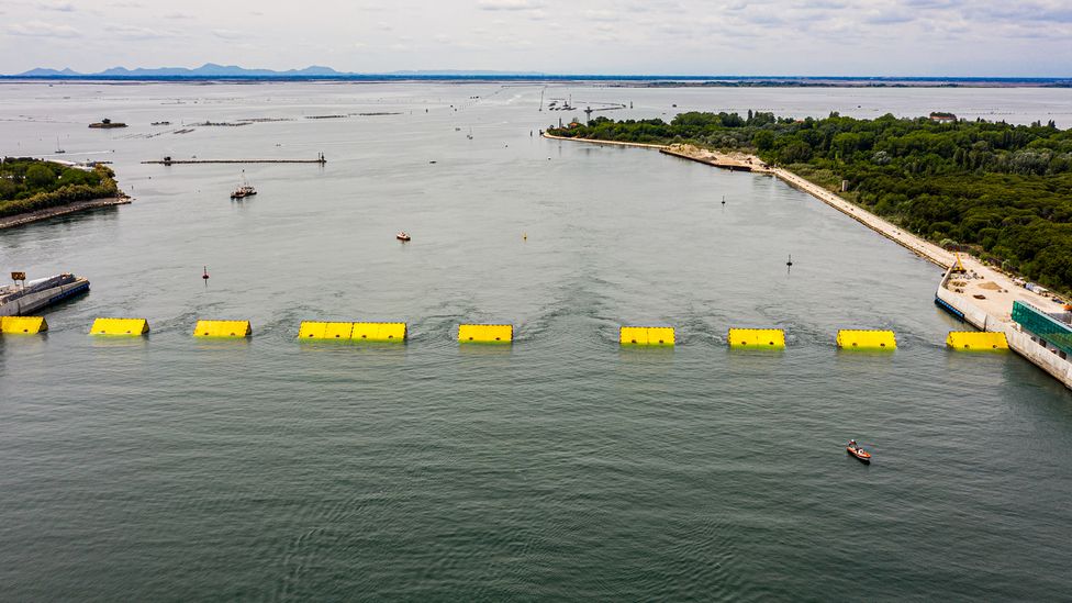 Venice's Mose barriers are raised during a test in May 2020 (Credit: G.Cosua/Getty Images)