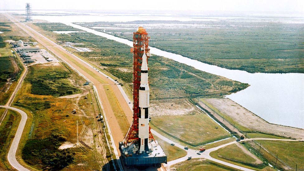 The SLS rocket is more powerful than the iconic Saturn V (pictured) used in the Apollo Moon missions (Credit: Universal Images Group/Getty Images)