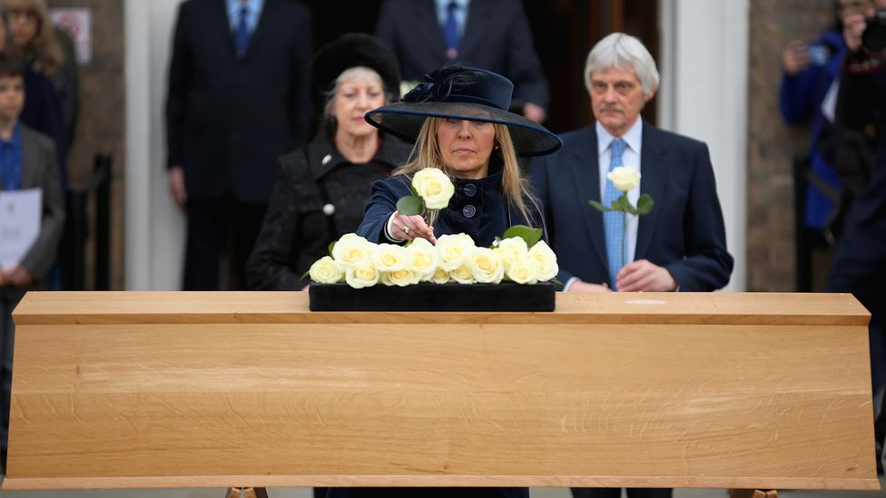 Following his discovery, Richard III was ceremonially reburied at Leicester Cathedral in 2015; here, the real Philippa Langley lays a rose on his coffin (Credit: Getty Images)