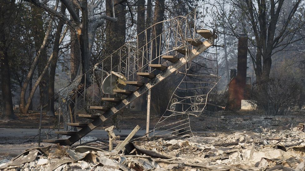 Only staircase remains of a two story building in Paradise, California, after the devastating Camp Fire on 18 November 2018 (Credit: UPI/Alamy)
