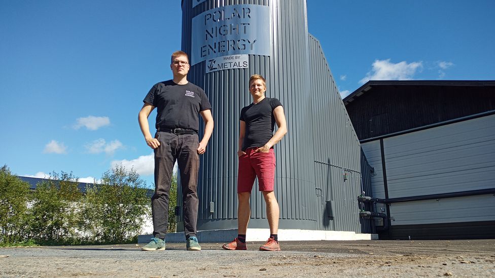 The sand battery developed by Tommi Eronen (right) and Ville Kivioja (left) provides enough heat for about 100 homes and a swimming pool in Kankaanpää (Credit: Polar Night Energy)