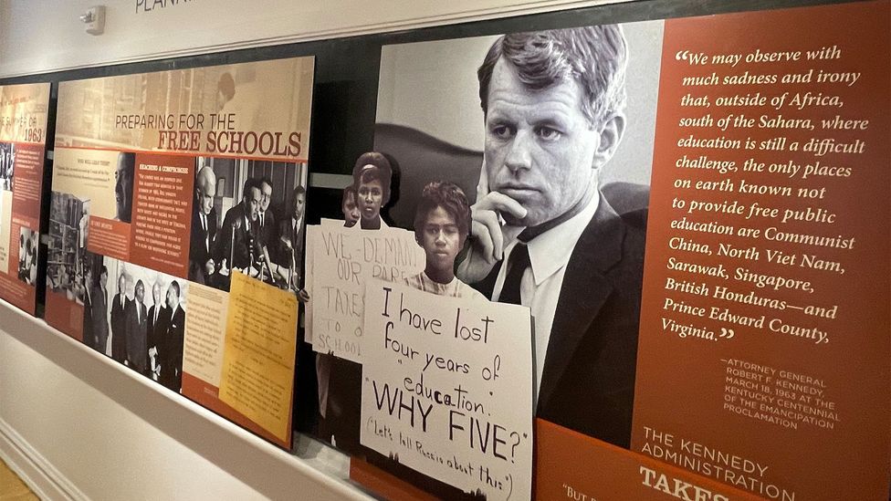 Exhibits inside the former school highlight the unequal education standards of the day (Credit: Larry Bleiberg)