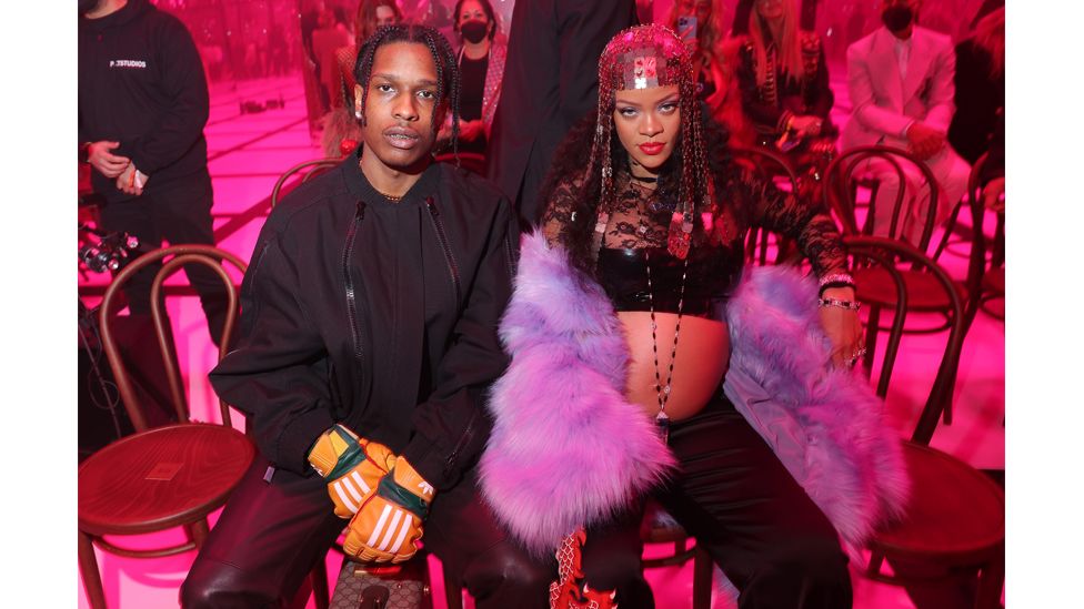 Rihanna, pictured here with A$AP Rocky at Milan fashion week, gave a masterclass in glamorous maternity dressing (Credit: Getty Images)