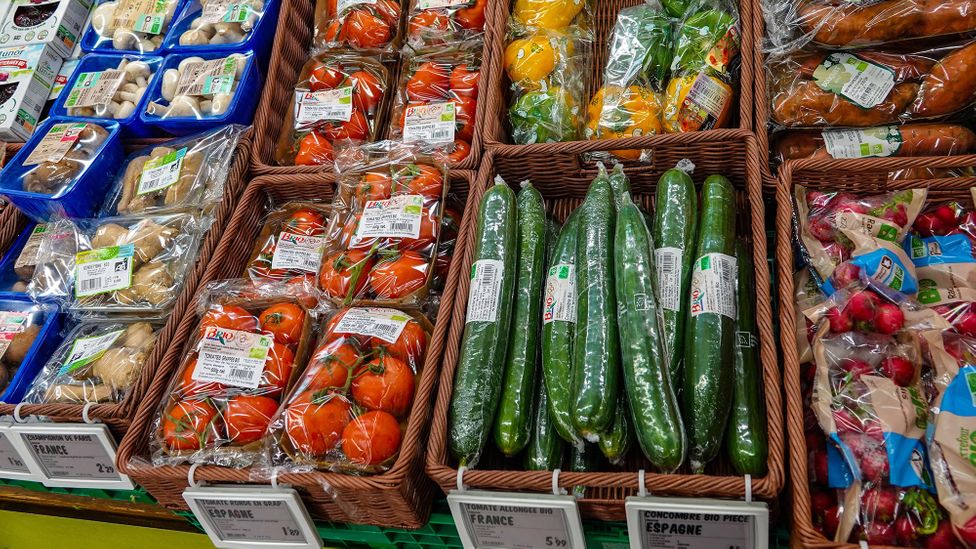Plastic packaging causes problems with pollution as much of it can't be recycled – but it also helps keep produce from going off, reducing food waste (Credit: Alamy)