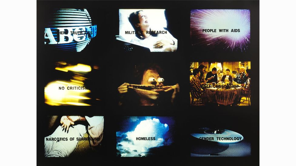 In her 1989 installation TV Text Image, numerous televisions show a barrage of images jostling for attention (Credit: Courtesy of Gretchen Bender Estate)