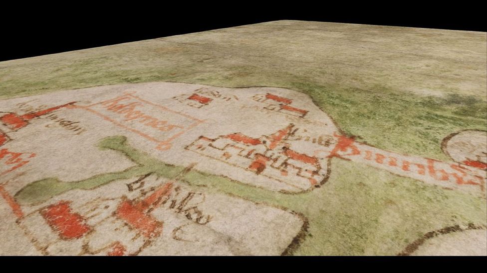 Here the pinholes are not easily visible on the Gough map, only the detail of a town (Credit: Archiox/Bodleian Library)