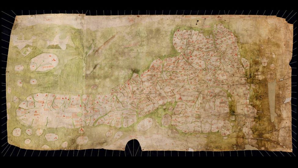 The Gough Map of the island of Great Britain, with Scotland on the left, and England and Wales on the right (Credit: Archiox/Bodleian Library)