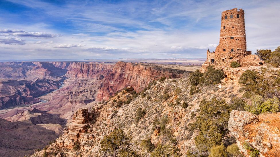 The Desert View Watchtower clings to the Grand Canyon's rim and was inspired by Native American structures (Credit: travellinglight/Alamy) The Desert View Watchtower clings to the Grand Canyon's rim and was inspired by Native American structures (Credit: travellinglight/Alamy)