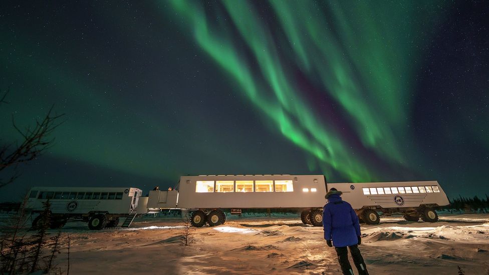 Dan's Diner offers dining inside a roving Tundra Buggy and Northern Lights viewing (Credit: Frontier North Adventures)