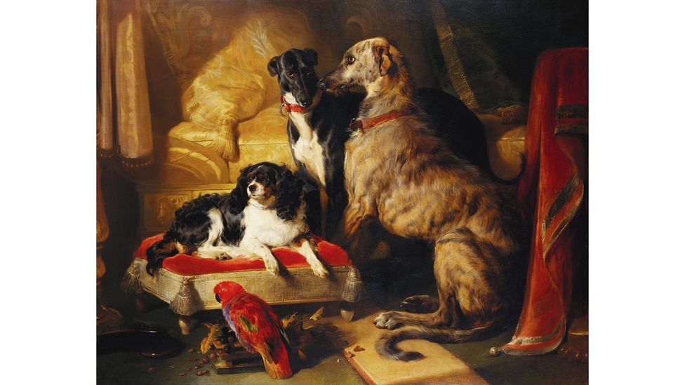 Hector, Nero and Dash with the Parrot Lory (1838) by Edwin Landseer draws on the symbolism of dogs as icons of devotion (Credit: His Majesty King Charles III 2022)