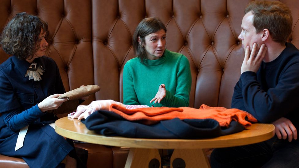 Dilys Williams, Ana Santi and William Park carry out an audit of their clothes (Credit: Javier Hirschfeld)