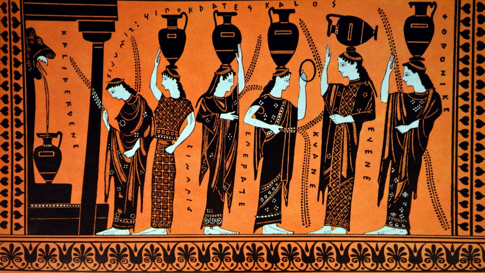 Greek pottery, dated to 400BC, depicting women collecting water for a bride (Credit: Getty Images)
