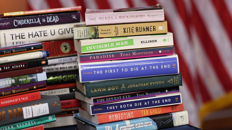 Some of the banned books from various US states and school systems, photographed in March 2023 (Credit: Getty Images)