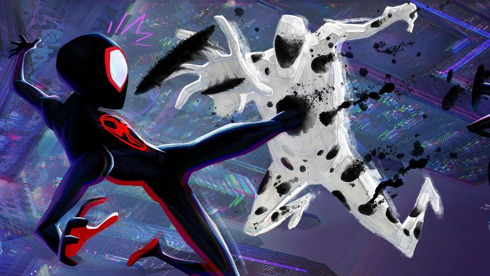 Across the Spider-Verse villain The Spot is one of the many memorable-looking new characters, made to look like a page that someone has spilled ink on (Credit: Sony Pictures)