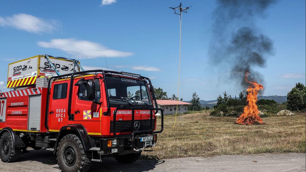 The firefighting drone attaches via a hosepipe to a fire engine (Credit: ADAI/University of Coimbra)