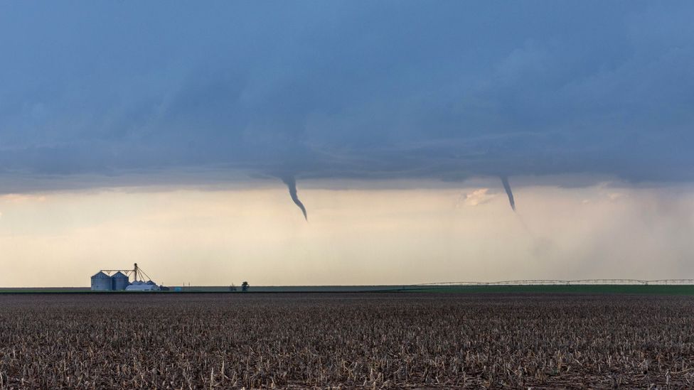 Twin tornadoes over a farm in Kansas in 2019 (Credit: Alamy)