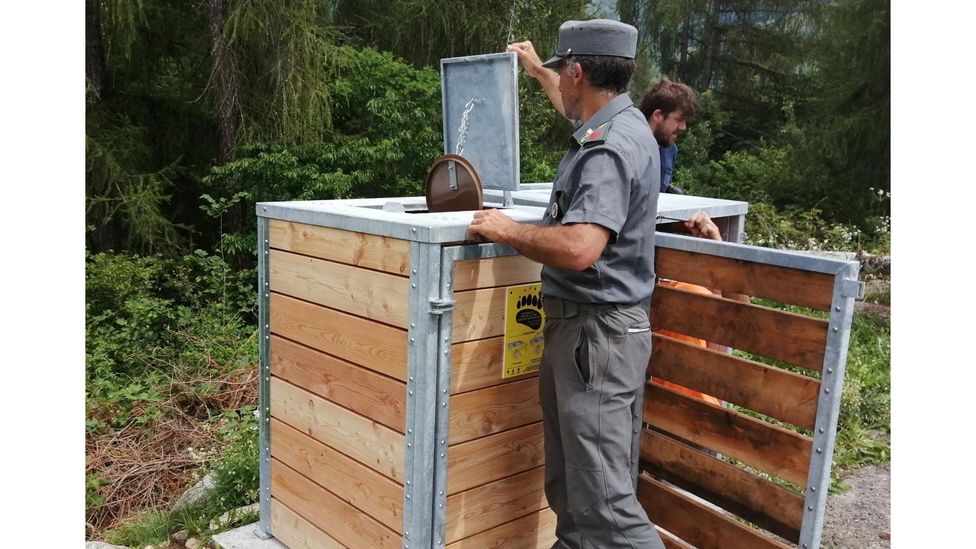 Rangers in the Adamello Brenta Natural Park in Trentino, Italy, install bear-proof bins (Credit: Autonomous Province of Trento)
