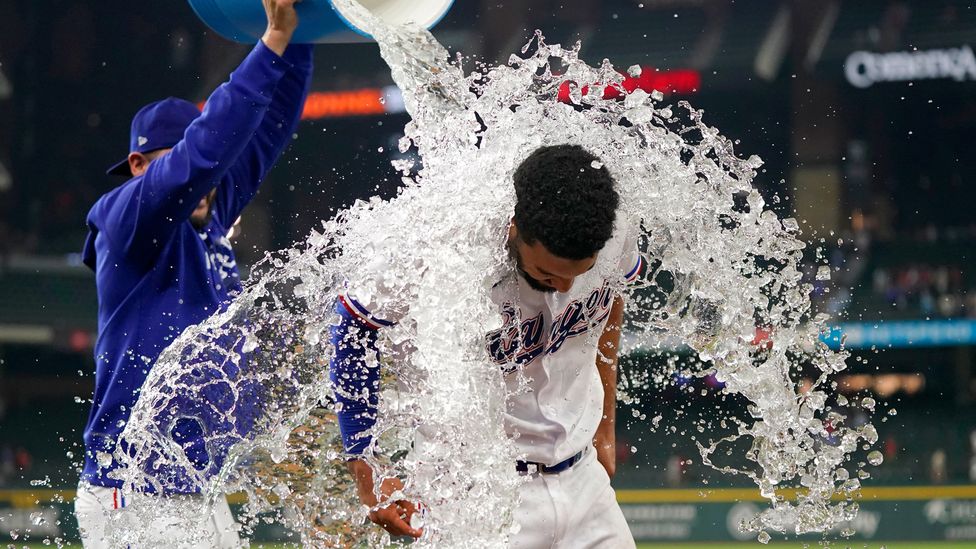 Marcus Semien of Texas Rangers is doused with water June 14 2023 (Credit: Getty Images)