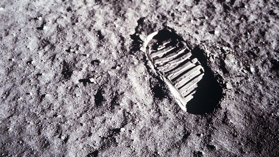 A close up of a lone boot print left by Buzz Aldrin on the Moon (Credit: Nasa)