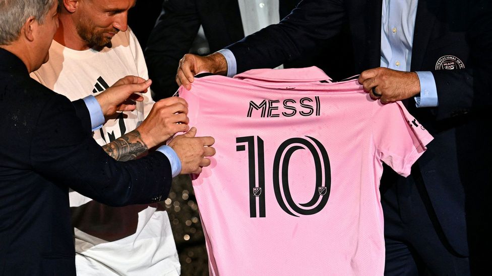 Argentine soccer star Lionel Messi is presented as the newest player for Major League Soccer's Inter Miami CF, at DRV PNK Stadium in Fort Lauderdale, Florida, on July 16, 2023