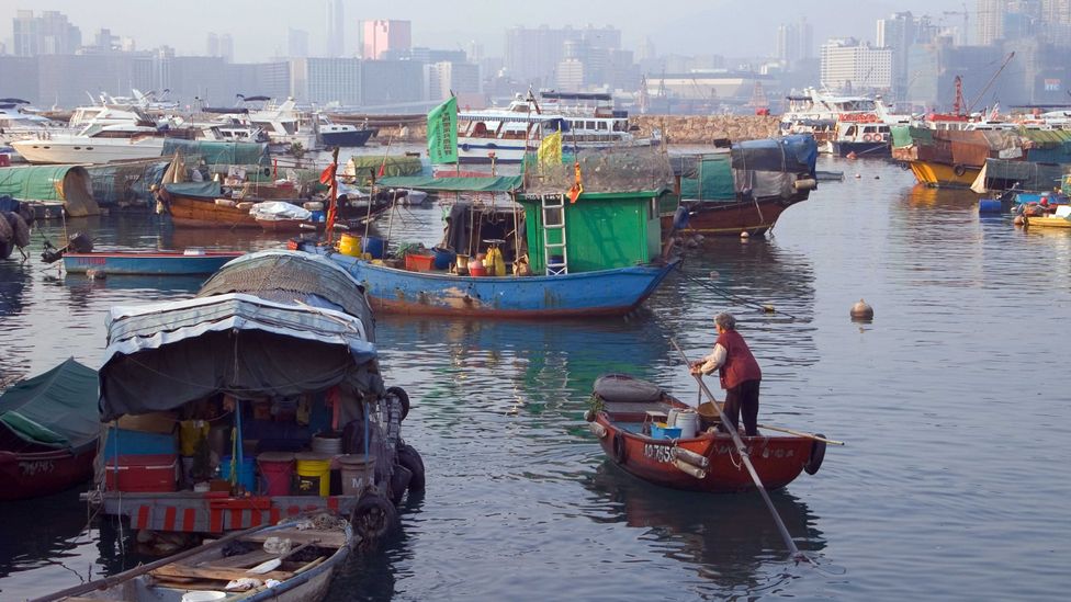 A woman rows a sampan boat in Hong Kong's Causeway Bay (Credit: Doug Houghton/Alamy)