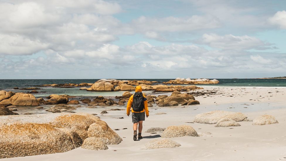 Hiker on beach in Bay of Fires, north-east Tasmania