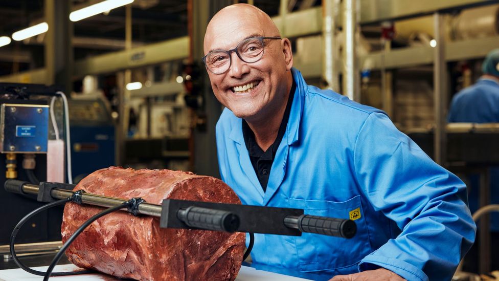 Gregg Wallace with a piece of meat in Channel 4 satire Gregg Wallace: The British Miracle Meat