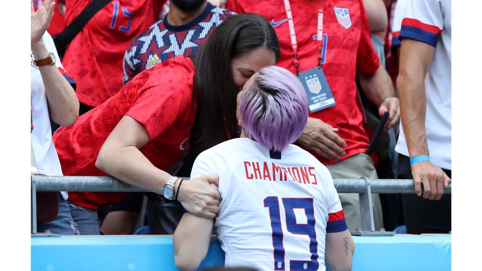 Megan Rapinoe's kiss with then-girlfriend Sue Bird in 2019 was a landmark moment in LGBTQ+ visibility (Credit: Alamy)