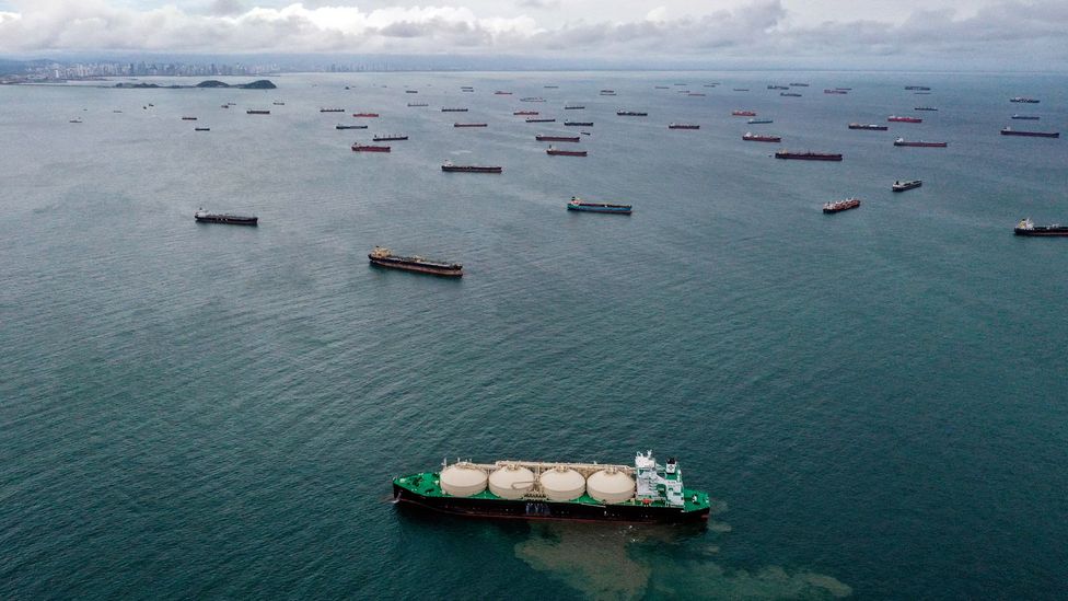 Ships waiting outside the Panama Canal on 22 August (Credit: Getty Images)