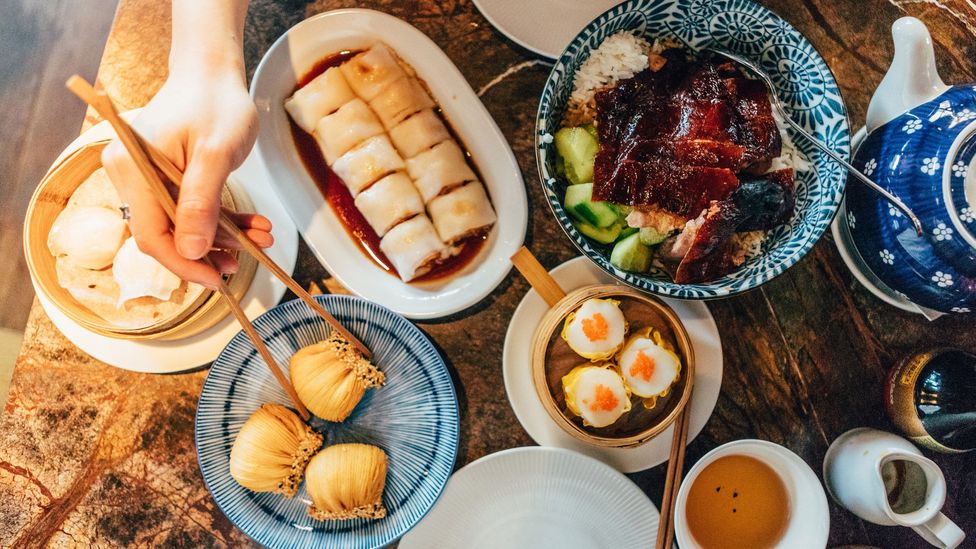 Flat lay of dim sum on table in Hong Kong