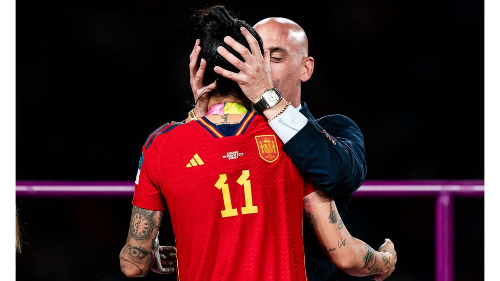 President of the Spanish Football Federation Luis Rubiales kisses Jennifer Hermoso of Spain during the medal ceremony of the Women's World Cup Final match (Credit: Getty Images)