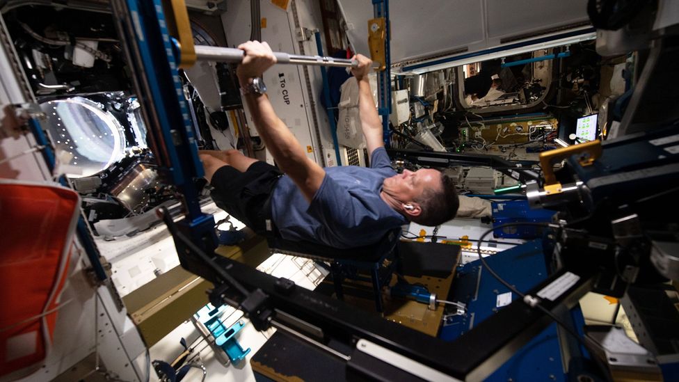 Astronauts can spend up to 2.5 hours a day working out on the ISS in an effort to maintain their muscle mass and bone density (Credit: Nasa)