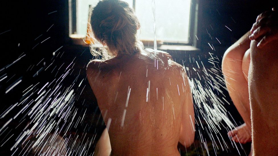 Back of woman in sauna