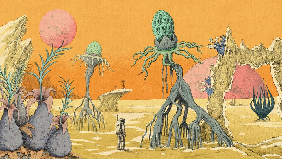 Artist's impression of astronaut with alien plants (Credit: Emmanuel Lafont)