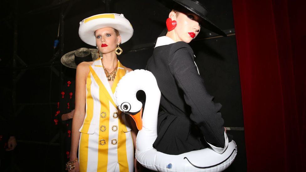 Moschino’s attention-grabbing “inflation chic” brought exaggerated shapes to the catwalk (Credit: Getty Images)
