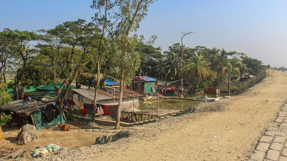 The homes of displaced people living along the Banshkhali embankment. By 2050, one in seven Bangladeshis will be displaced due to climate change (Credit: Sadiqur Rahman)