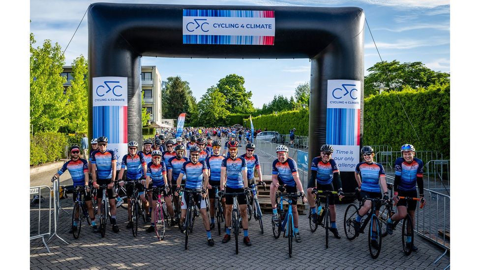 In 2020, Cycling 4 Climate rode for 400km (249 miles) along the future Dutch coastline, using their climate stripes jerseys as a conversation starter (Credit: Cycling 4 Climate)