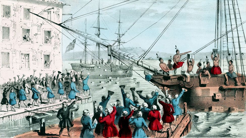 The Boston Tea Party was caused by resistance to British levies on tea, but in England there was a surge in tea drinking because tax was lowered (Credit: Getty Images)