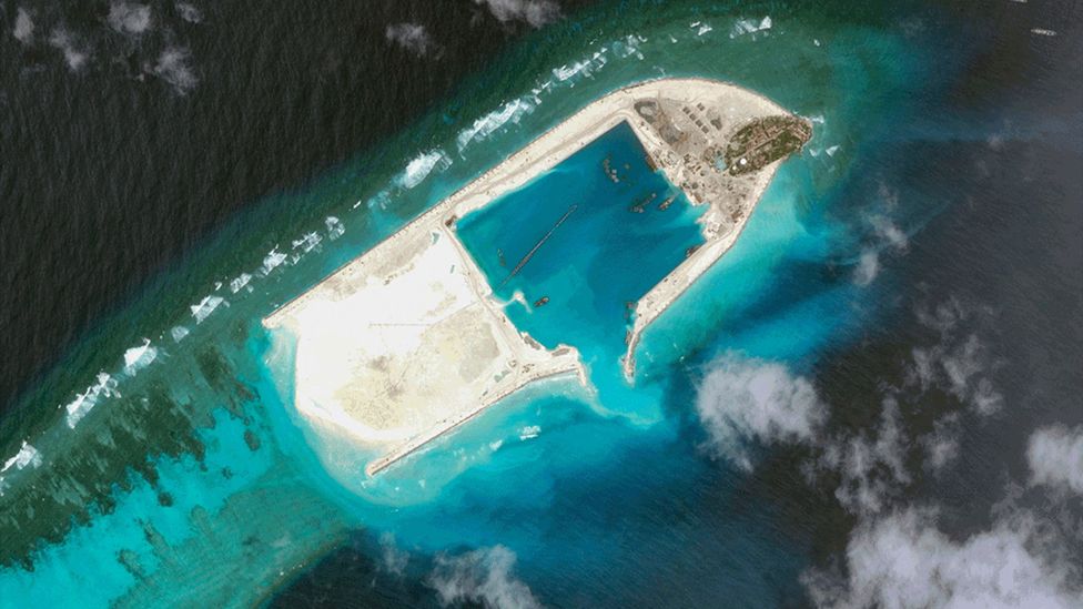 Pearson Reef – also known as Phan Vinh Island – is now many times its original size following suction dredging by Vietnam (Credit: Maxar Technologies)
