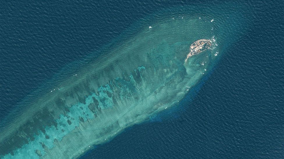 Pearson Reef was just a tiny speck of land at the tip of a submerged reef in April 2021 (Credit: Maxar Technologies)