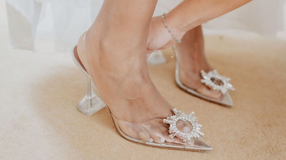 Bride-to-be Wassima Gamal rented a pair of crystal-embellished, glass-like slingbacks for her wedding (Credit: Wassima Gamal)