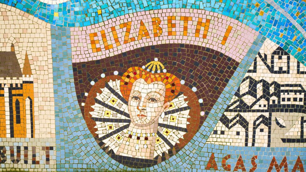 A portrait of Queen Elizabeth I at the Queenhithe Mosaic, London