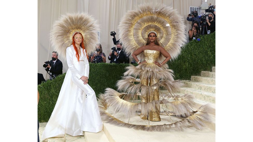 Harris Reed (left) created a spectacular outfit for supermodel Iman for the 2021 Met Gala (Credit: Getty Images)