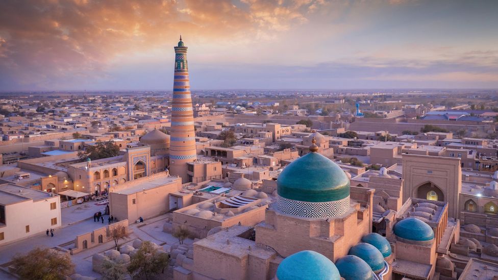 Aerial Panorama over the famous old city with Islam Khoja Minaret
