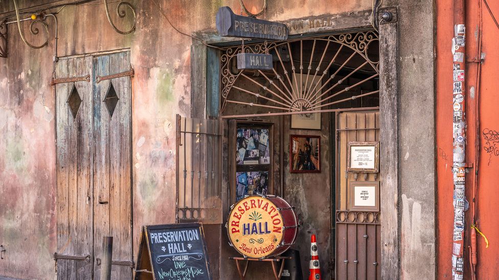 Preservation Hall near Bourbon Street is the home of New Orleans jazz history as well as the Pres Hall Band, which plays nightly shows (Credit: BHammond/Alamy)