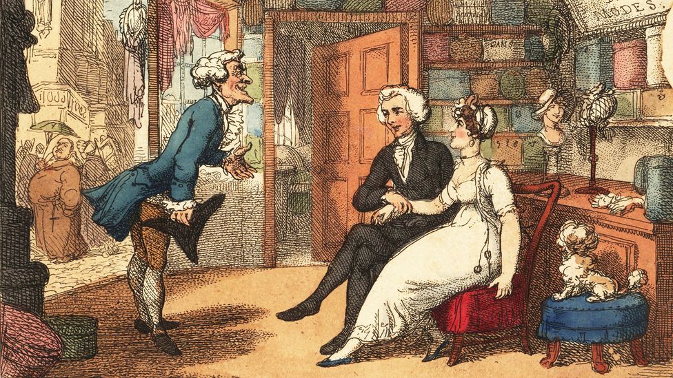 Engraving of a man taking a young woman's pulse in a shop (Credit: Getty Images)