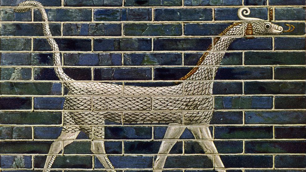 A mythological dragon creature called "mušhuššu" in Akkadian, depicted on the Ishtar Gate from Babylon (Credit: Getty Images)